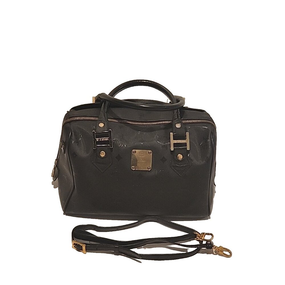 vintage MCM Boston Black leather canvas satchel crossbody Visetos shoulder bag